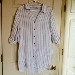 ROSEMARINE Italy Striped Linen Button Front Tunic Shirt Cover Up White Blue S